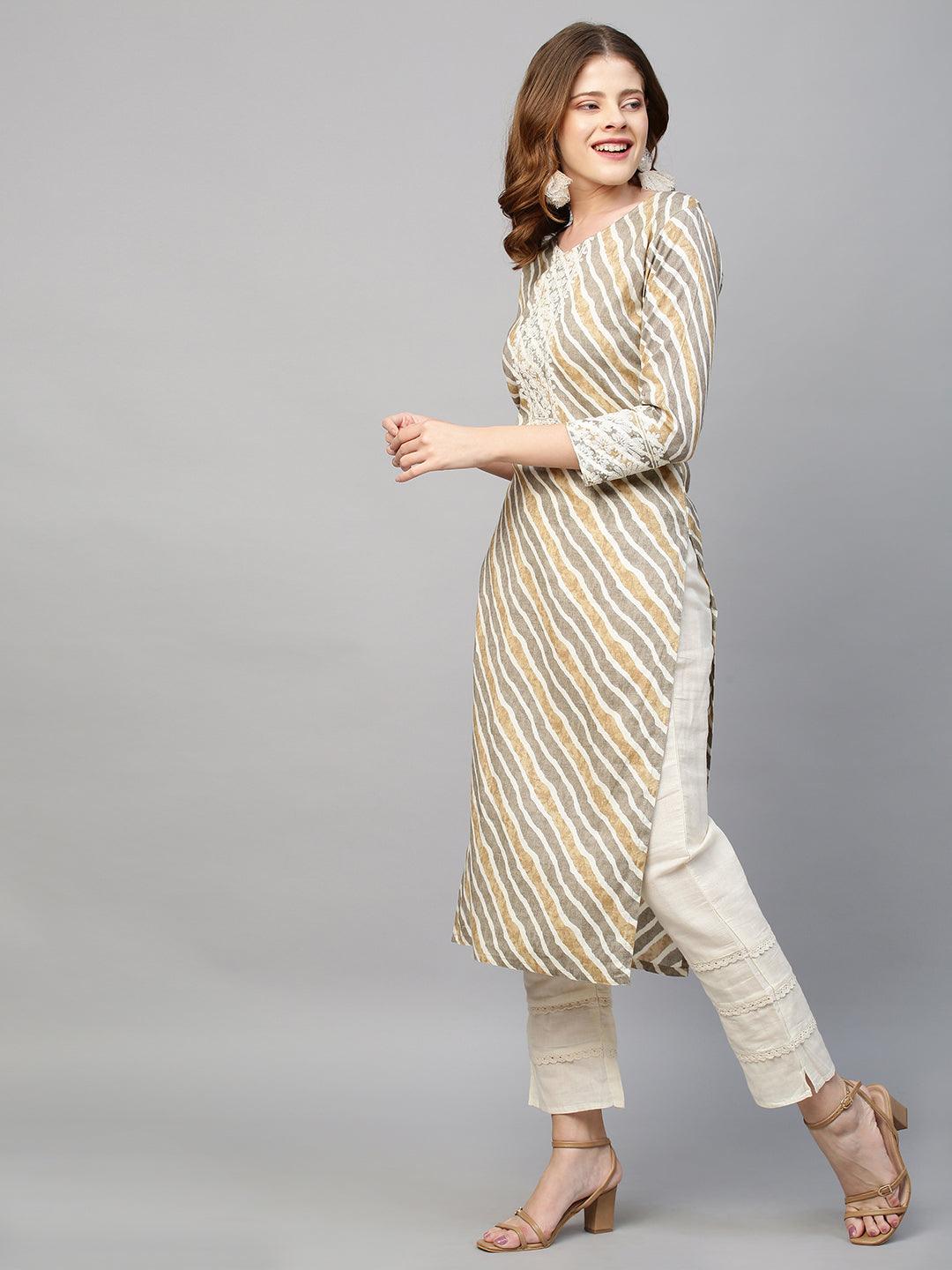 Floral Embroidered & Leheriya Printed Straight Fit Kurta - Light Brown - Indiakreations