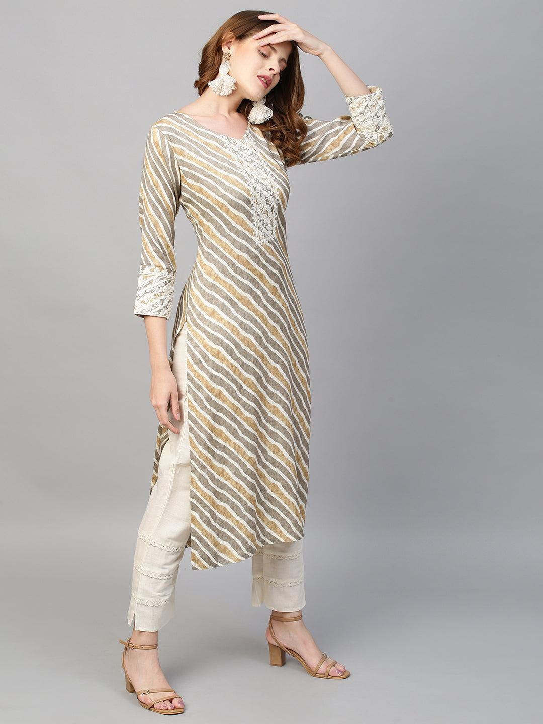 Floral Embroidered & Leheriya Printed Straight Fit Kurta - Light Brown - Indiakreations