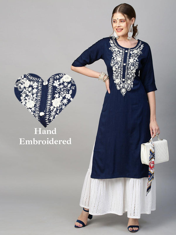 Floral Hand Embroidered Straight Fit Kurta - Navy Blue - Indiakreations