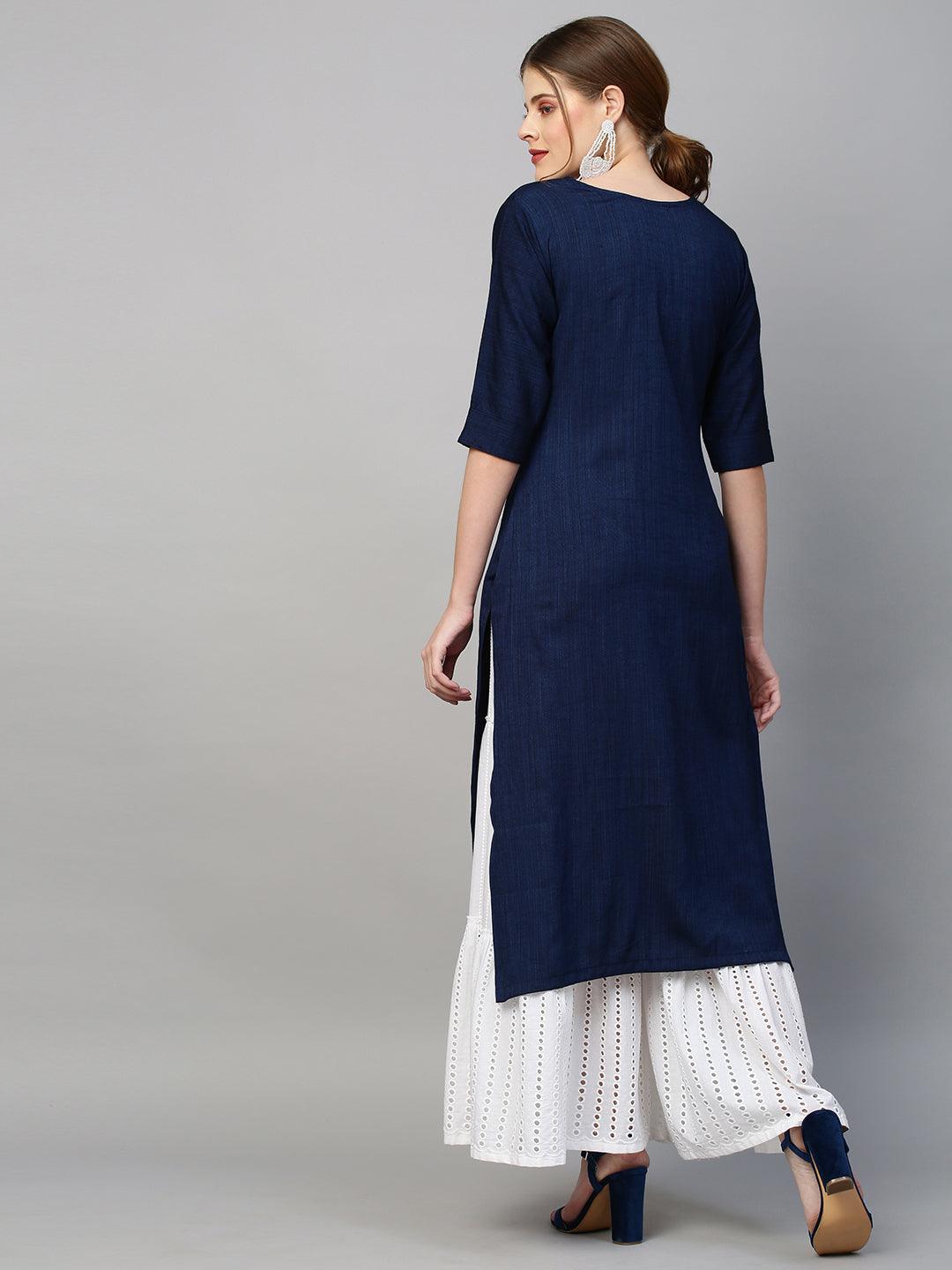 Floral Hand Embroidered Straight Fit Kurta - Navy Blue - Indiakreations