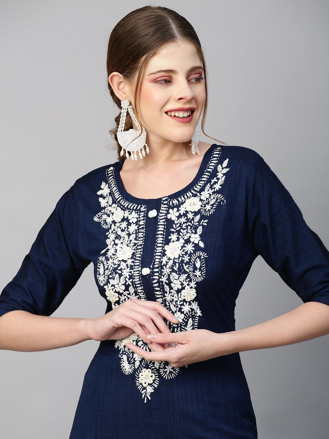 Floral Hand Embroidered Straight Fit Kurta - Navy Blue - Indiakreations