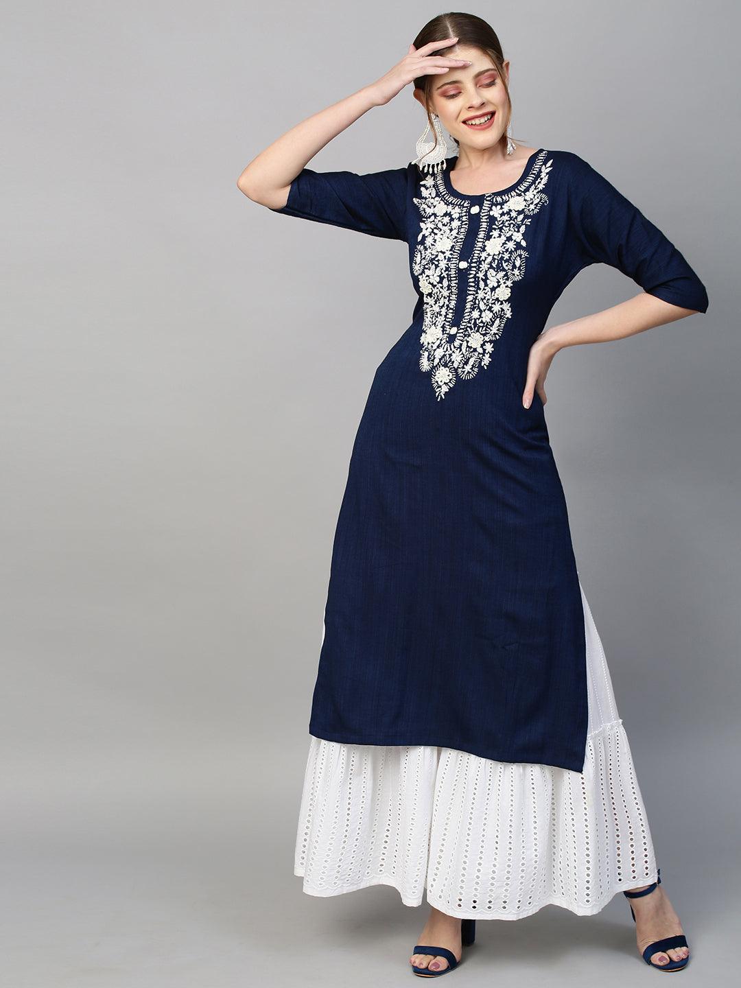 Floral Hand Embroidered Straight Fit Kurta - Navy Blue - Indiakreations