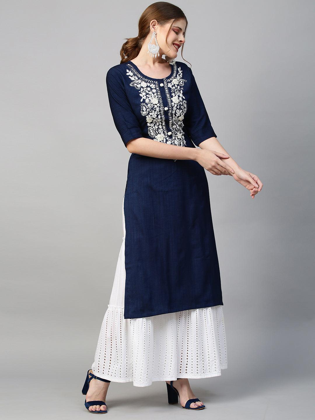 Floral Hand Embroidered Straight Fit Kurta - Navy Blue - Indiakreations