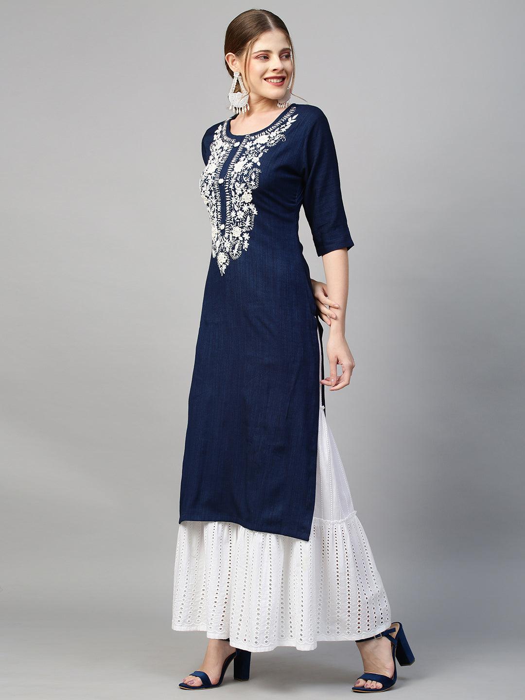 Floral Hand Embroidered Straight Fit Kurta - Navy Blue - Indiakreations