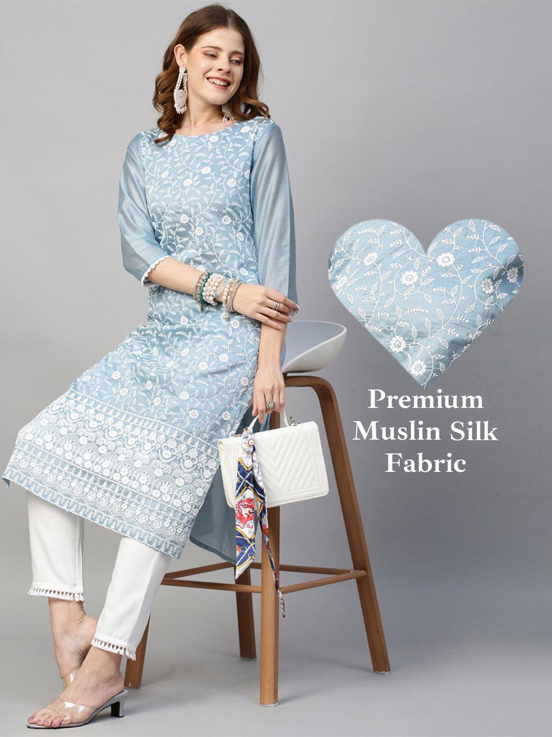 Floral Chikankari Embroidered Straight Fit Kurta & Pants - Powder Blue - Indiakreations