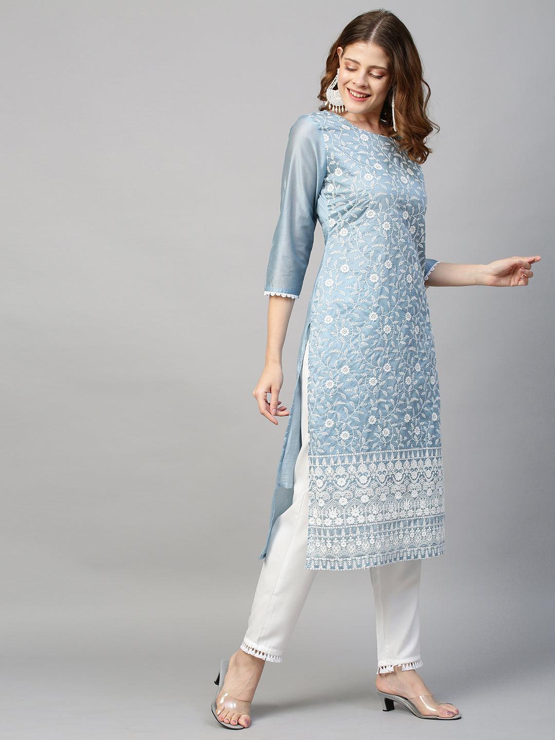 Floral Chikankari Embroidered Straight Fit Kurta & Pants - Powder Blue - Indiakreations