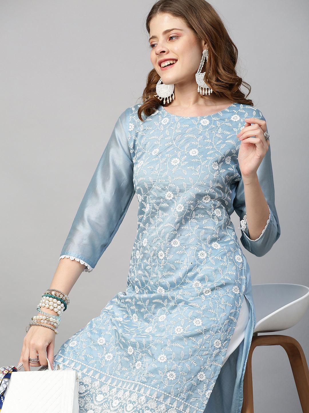 Floral Chikankari Embroidered Straight Fit Kurta & Pants - Powder Blue - Indiakreations