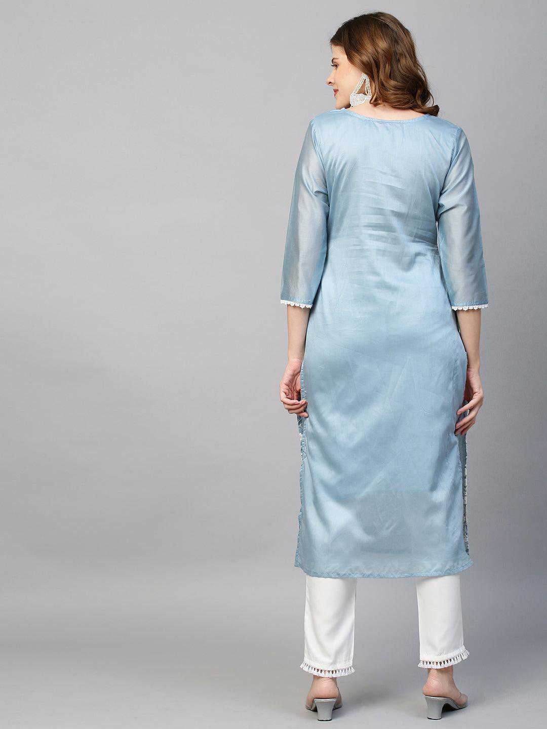 Floral Chikankari Embroidered Straight Fit Kurta & Pants - Powder Blue - Indiakreations