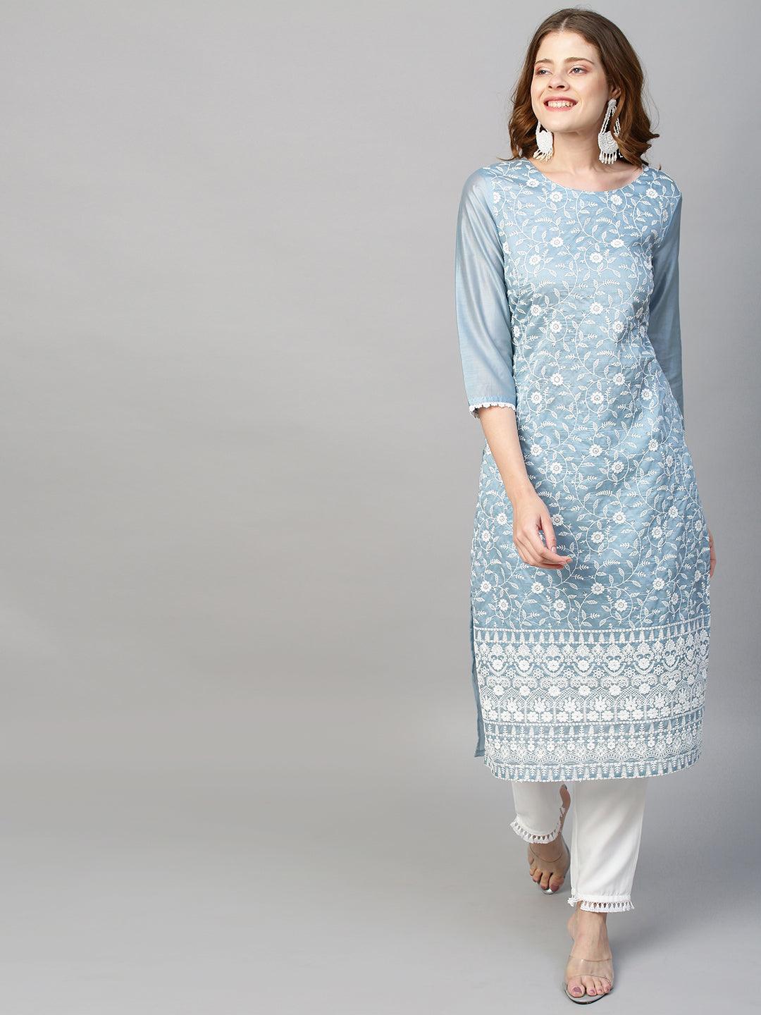 Floral Chikankari Embroidered Straight Fit Kurta & Pants - Powder Blue - Indiakreations