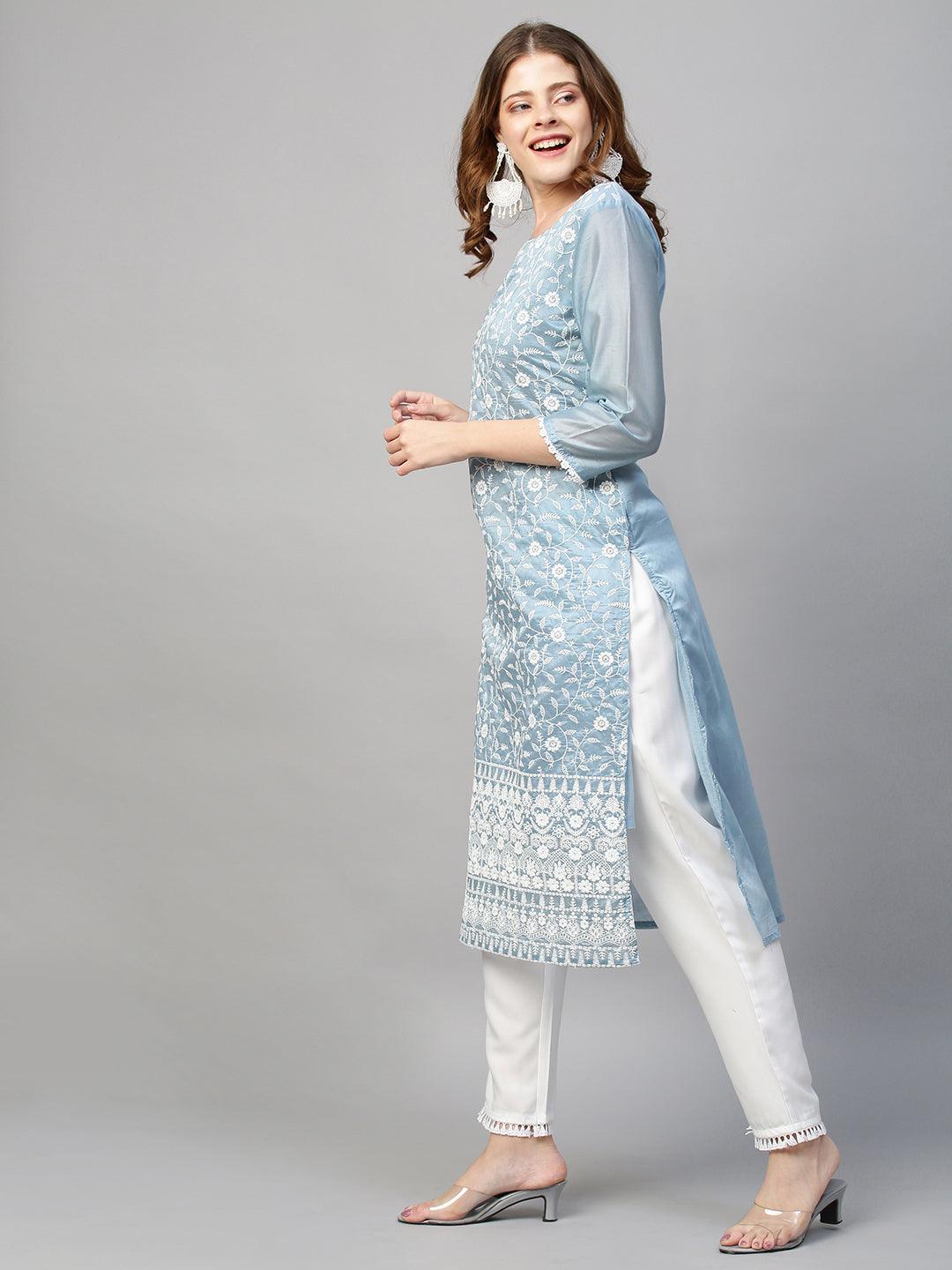 Floral Chikankari Embroidered Straight Fit Kurta & Pants - Powder Blue - Indiakreations