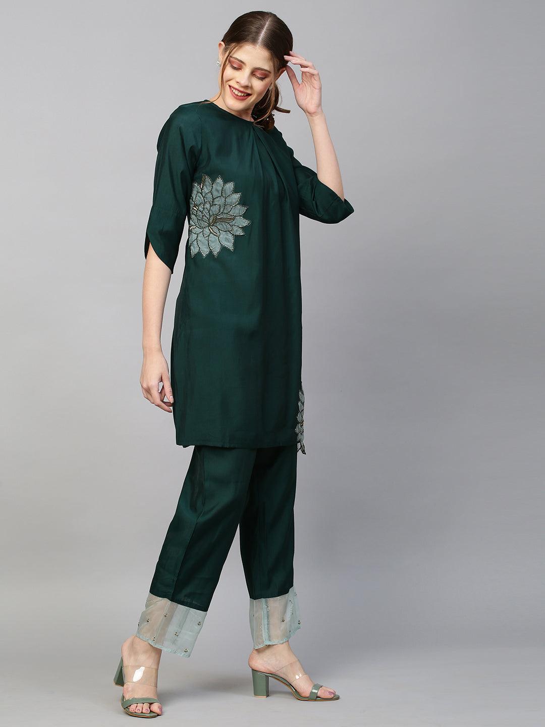 Floral Hand Embroidered Co-ords - Dark Green - Indiakreations