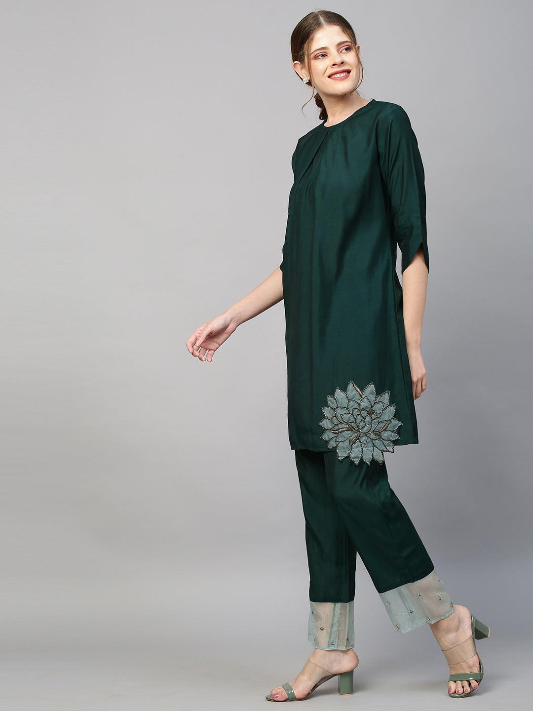 Floral Hand Embroidered Co-ords - Dark Green - Indiakreations