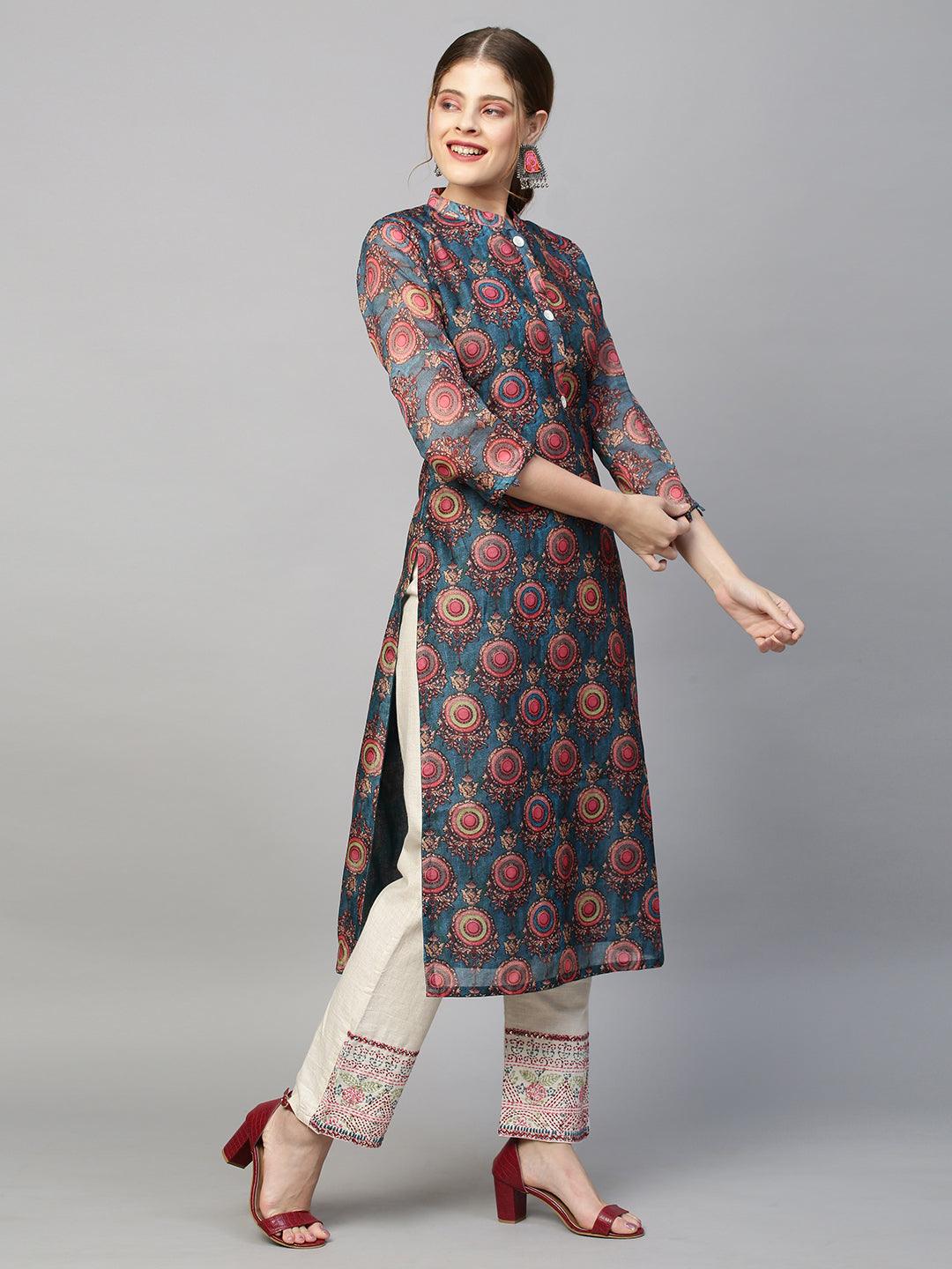 Ethnic Printed Straight Fit Kurta with Pants - Teal Blue - Indiakreations