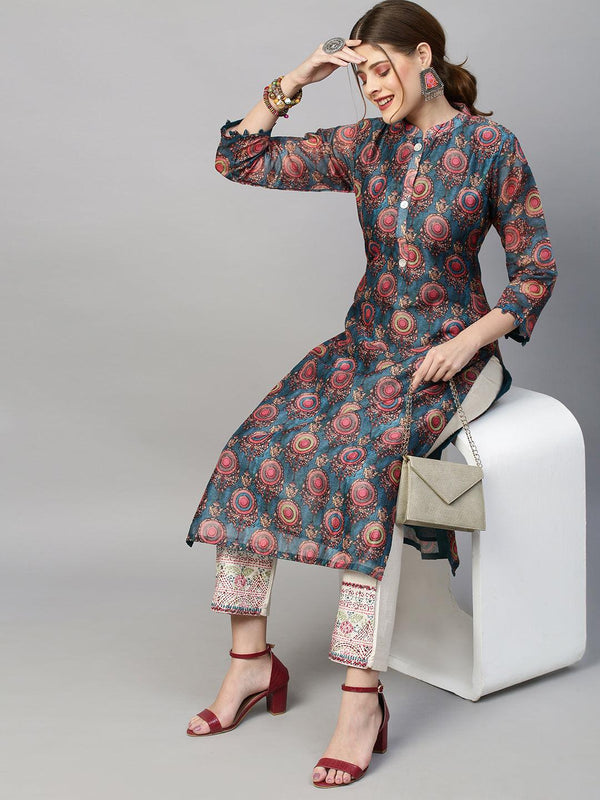 Ethnic Printed Straight Fit Kurta with Pants - Teal Blue - Indiakreations