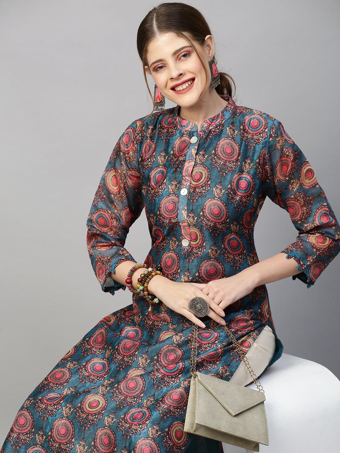 Ethnic Printed Straight Fit Kurta with Pants - Teal Blue - Indiakreations