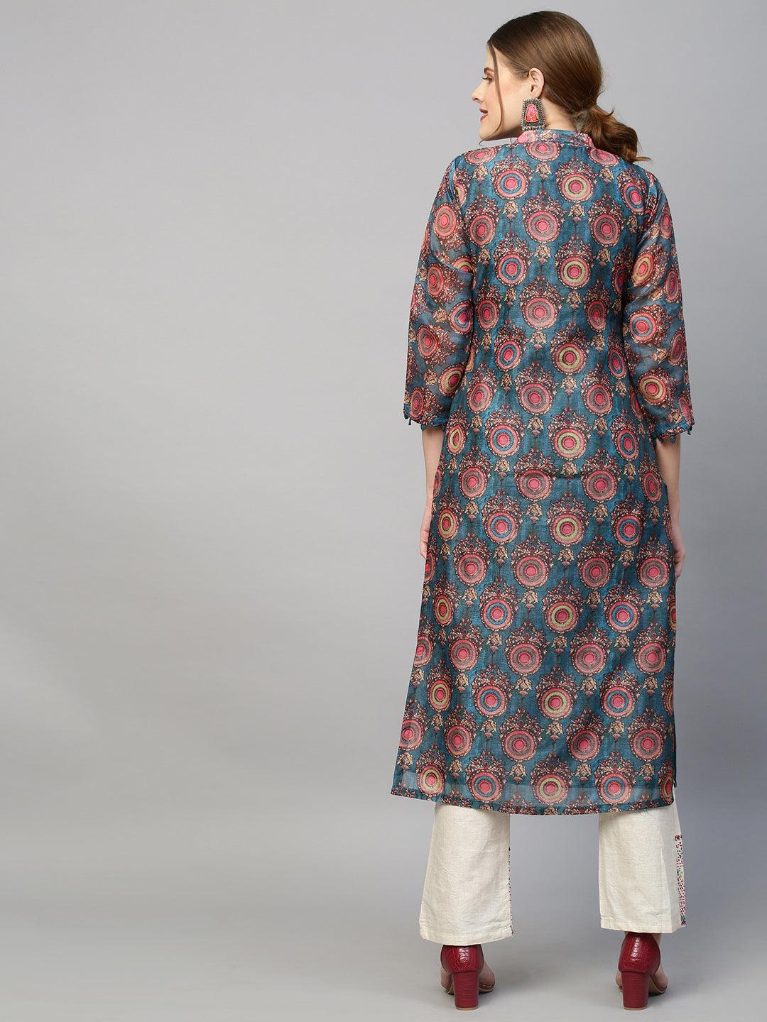 Ethnic Printed Straight Fit Kurta with Pants - Teal Blue - Indiakreations