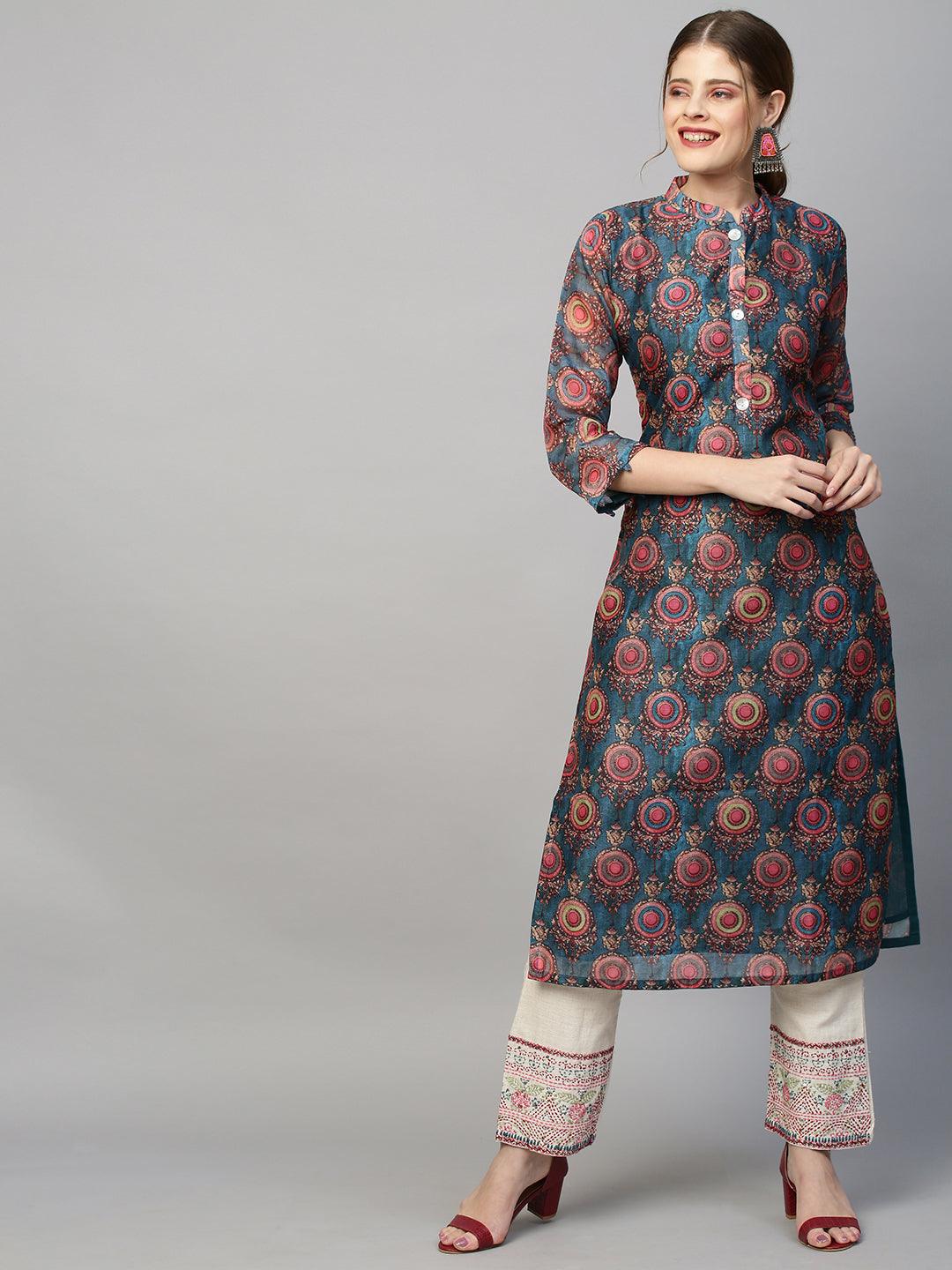 Ethnic Printed Straight Fit Kurta with Pants - Teal Blue - Indiakreations