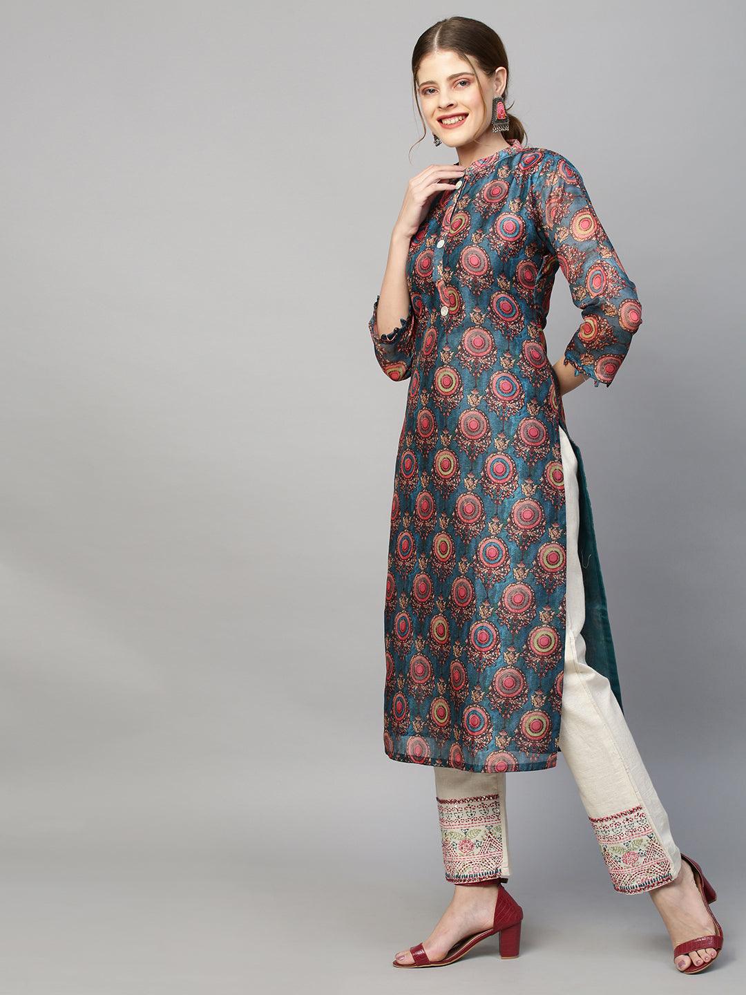 Ethnic Printed Straight Fit Kurta with Pants - Teal Blue - Indiakreations