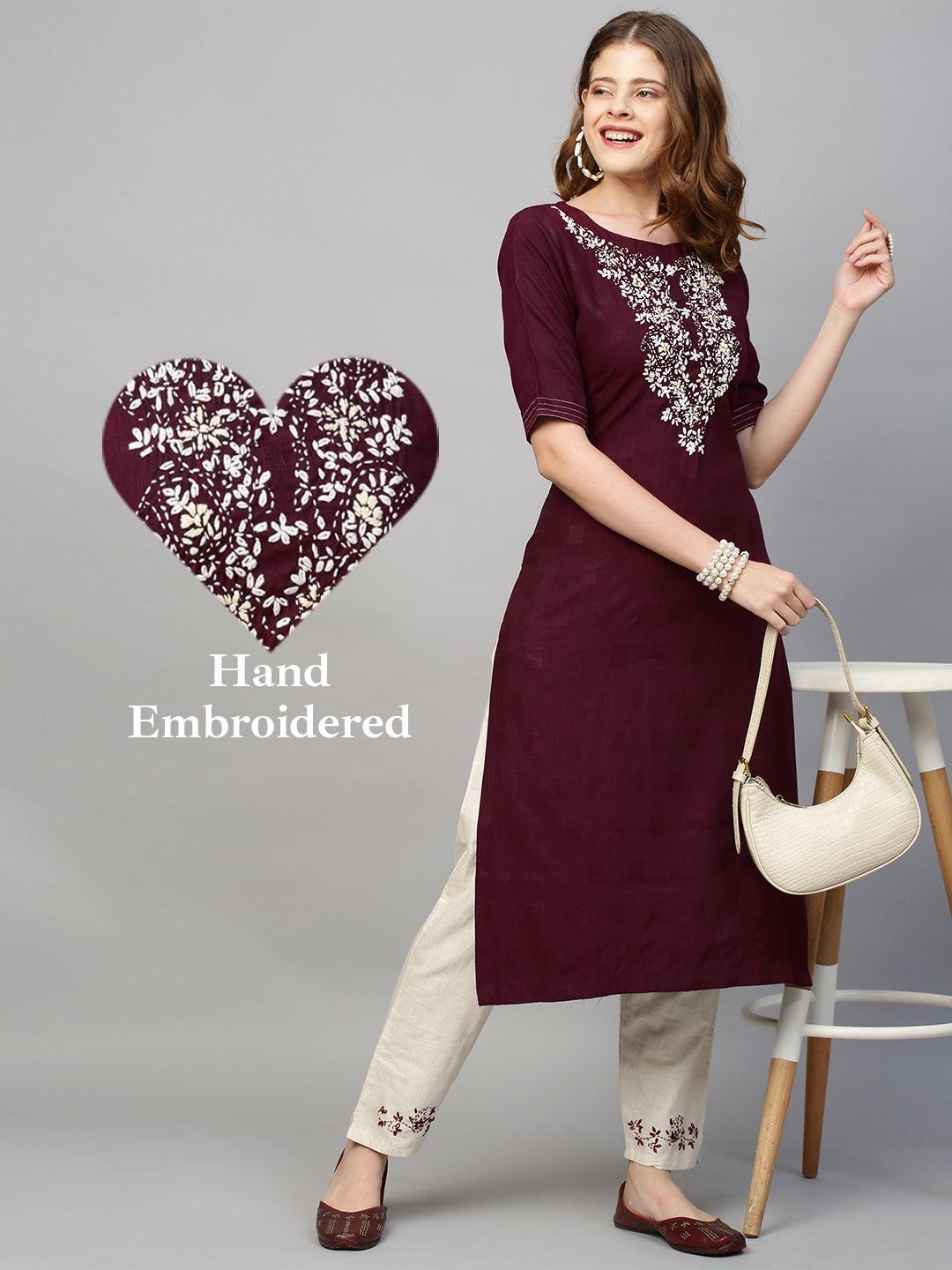 Floral Hand Embroidered Straight Kurta with Pants - Wine - Indiakreations