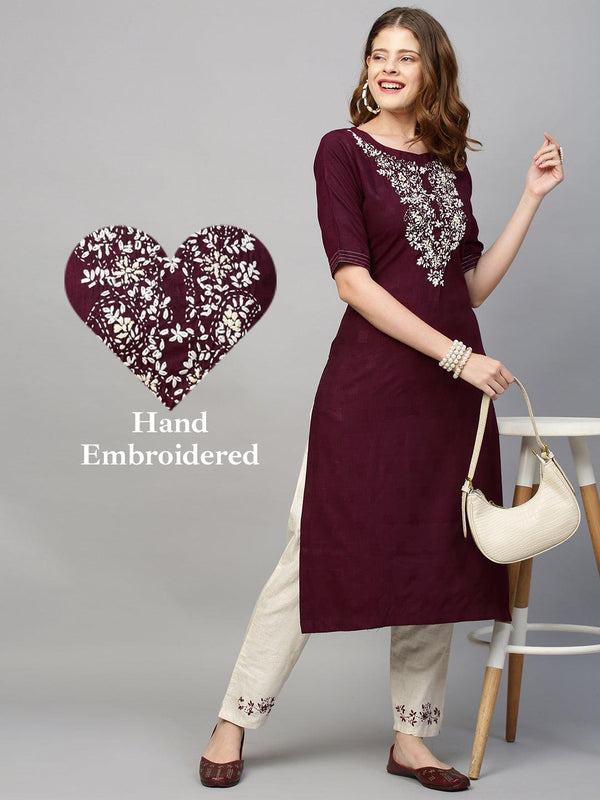 Floral Hand Embroidered Straight Kurta with Pants - Wine - Indiakreations