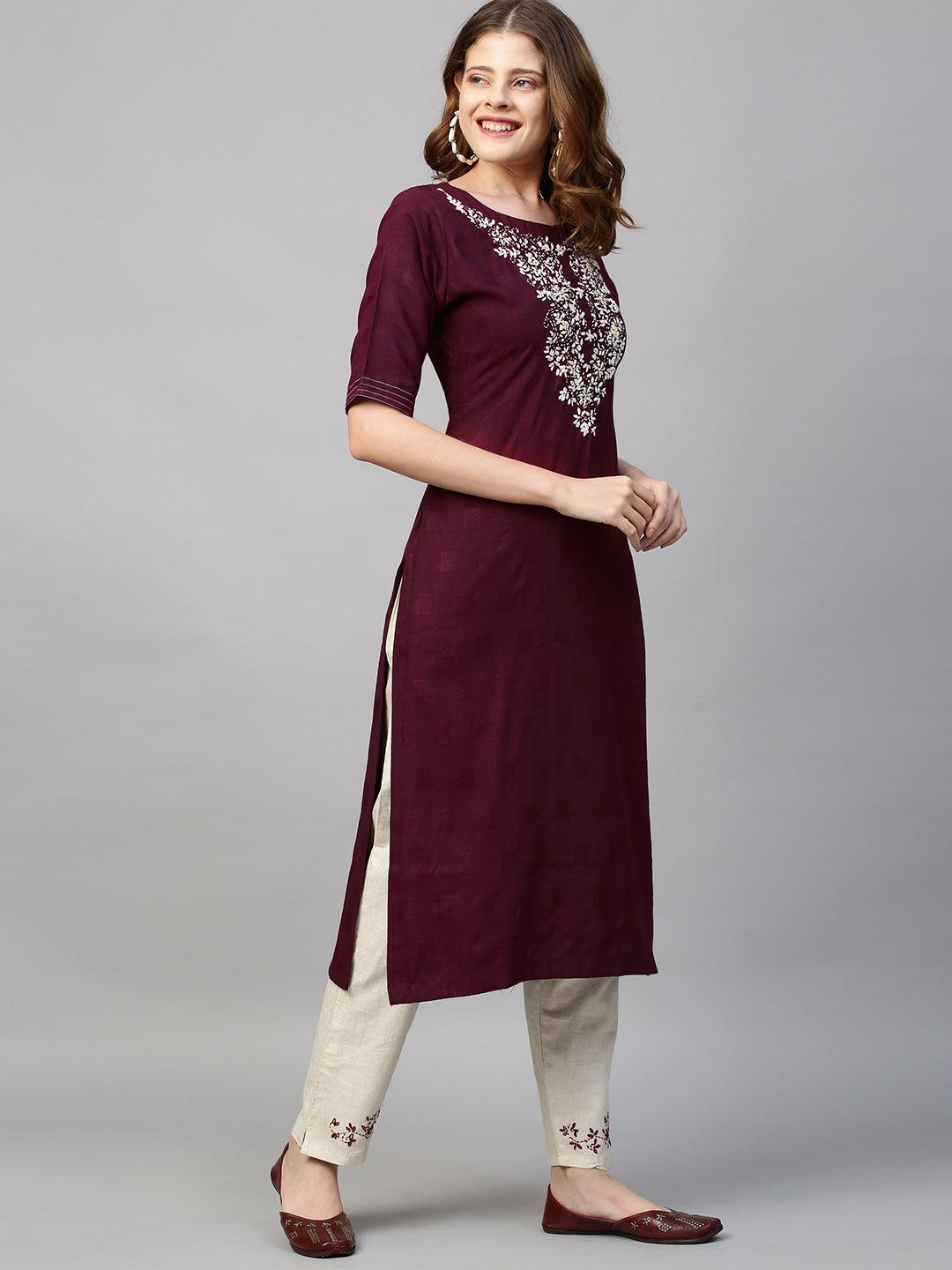 Floral Hand Embroidered Straight Kurta with Pants - Wine - Indiakreations