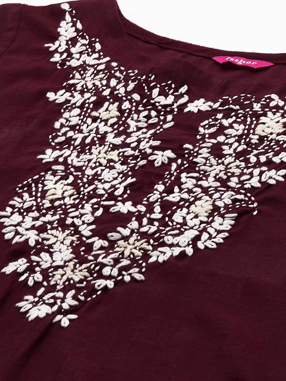 Floral Hand Embroidered Straight Kurta with Pants - Wine - Indiakreations