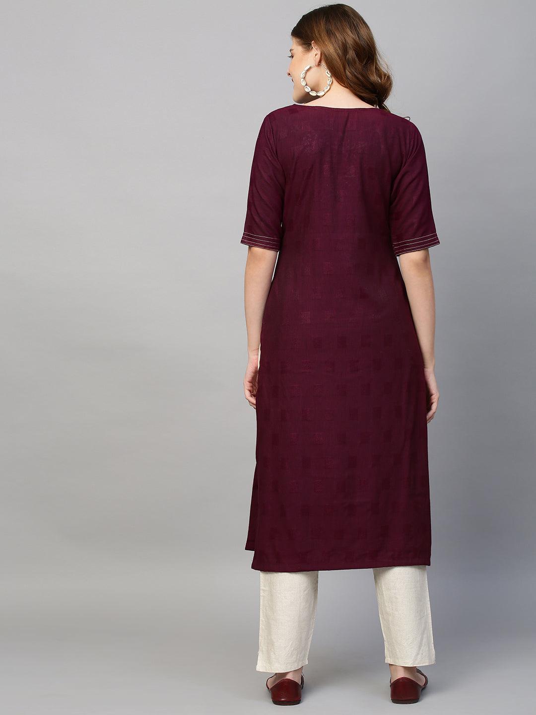 Floral Hand Embroidered Straight Kurta with Pants - Wine - Indiakreations