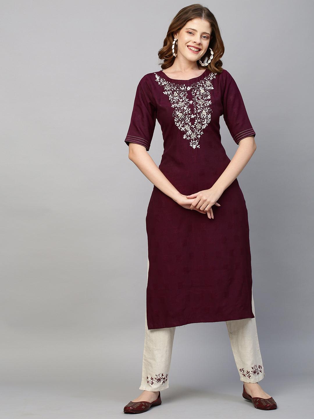 Floral Hand Embroidered Straight Kurta with Pants - Wine - Indiakreations