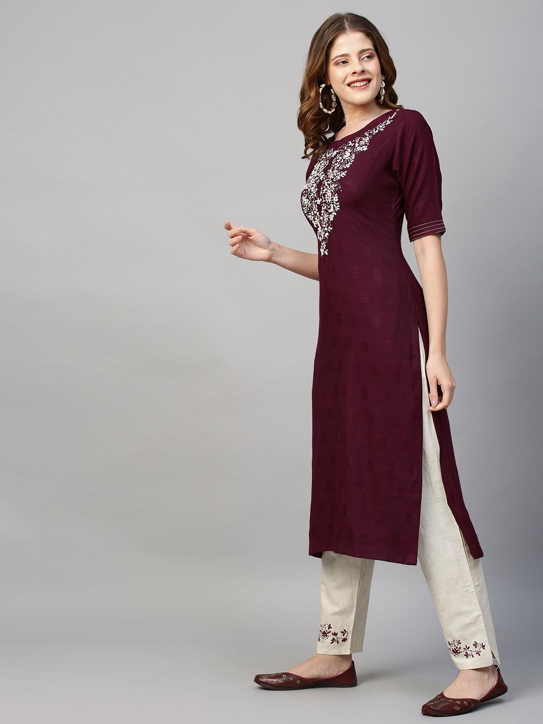 Floral Hand Embroidered Straight Kurta with Pants - Wine - Indiakreations