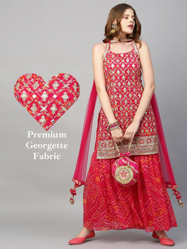 Zari Embroidered & Bandhani Printed Kurta with Sharara & Dupatta - Hot Pink - Indiakreations