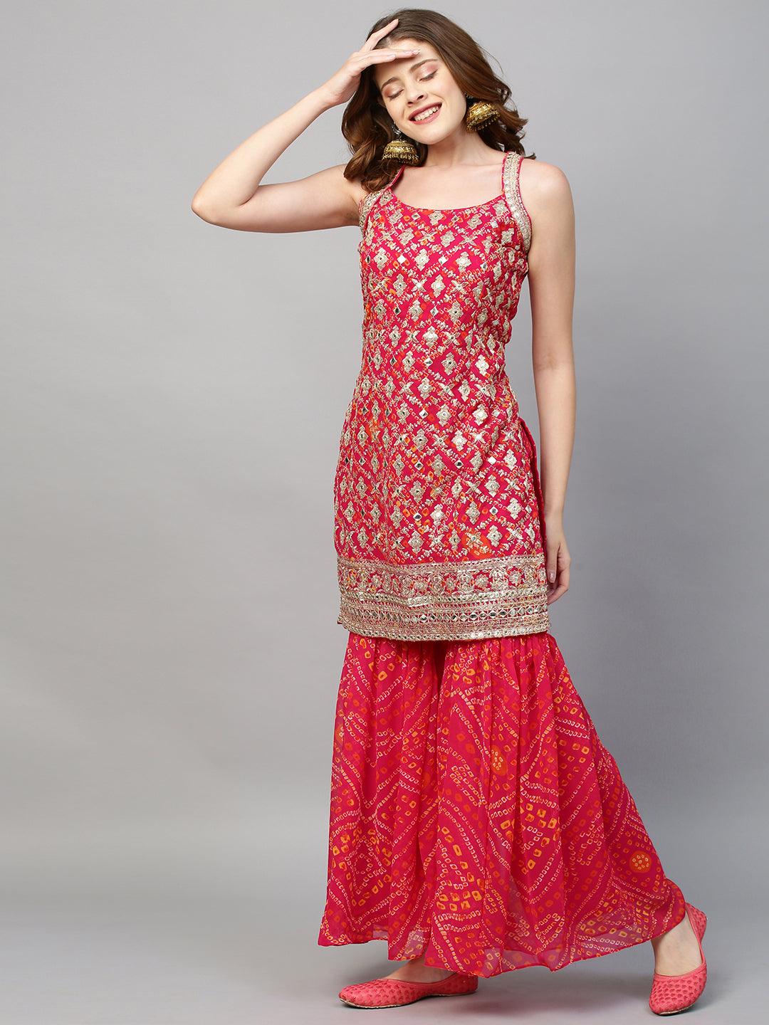 Zari Embroidered & Bandhani Printed Kurta with Sharara & Dupatta - Hot Pink - Indiakreations