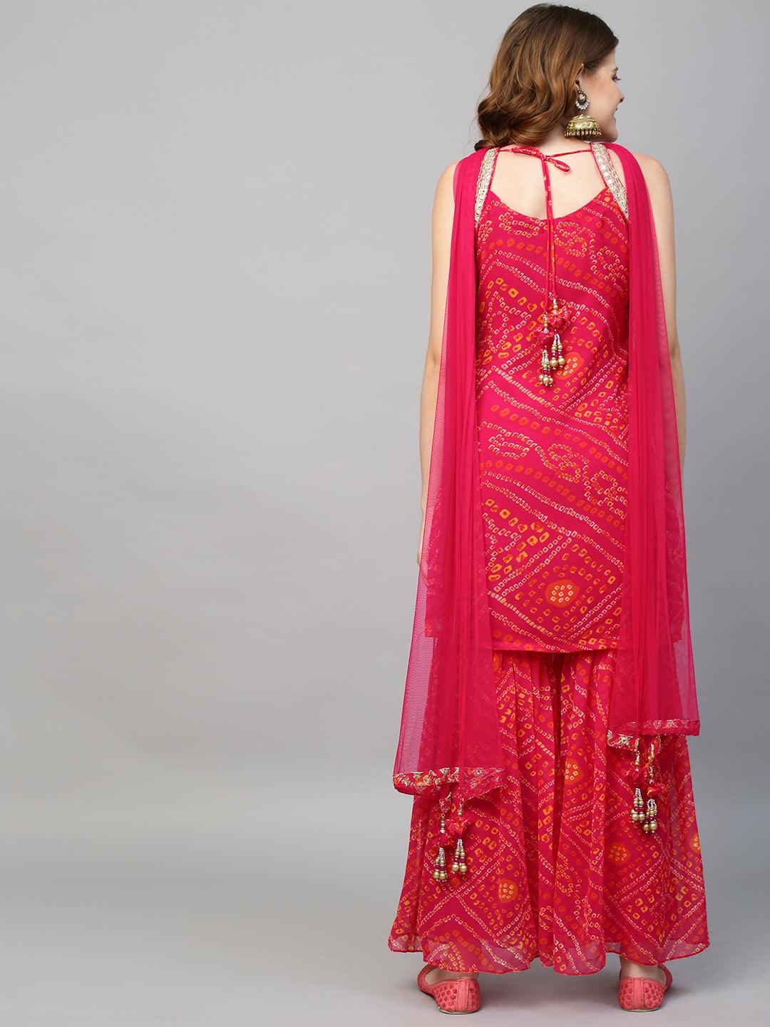 Zari Embroidered & Bandhani Printed Kurta with Sharara & Dupatta - Hot Pink - Indiakreations