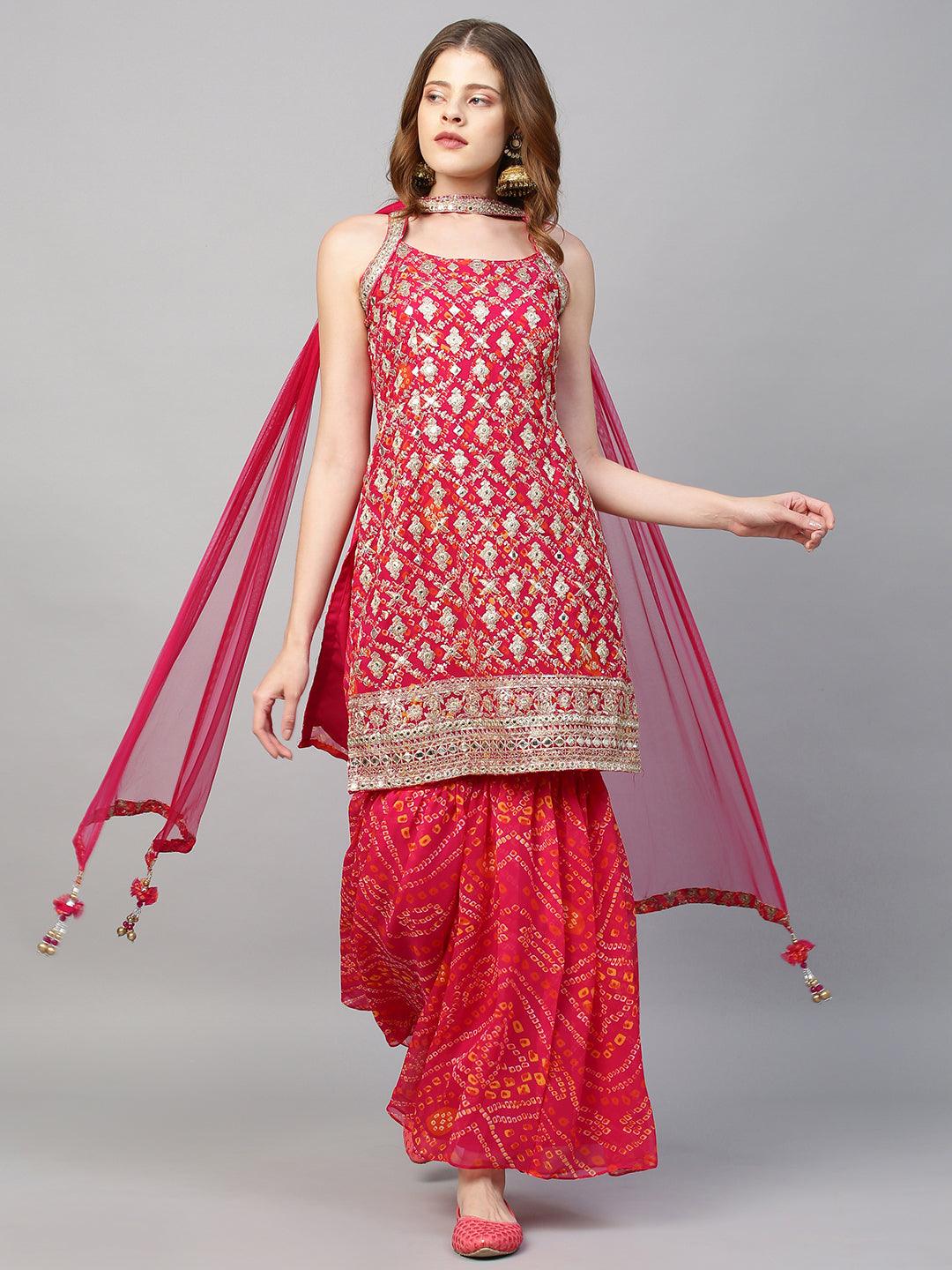 Zari Embroidered & Bandhani Printed Kurta with Sharara & Dupatta - Hot Pink - Indiakreations