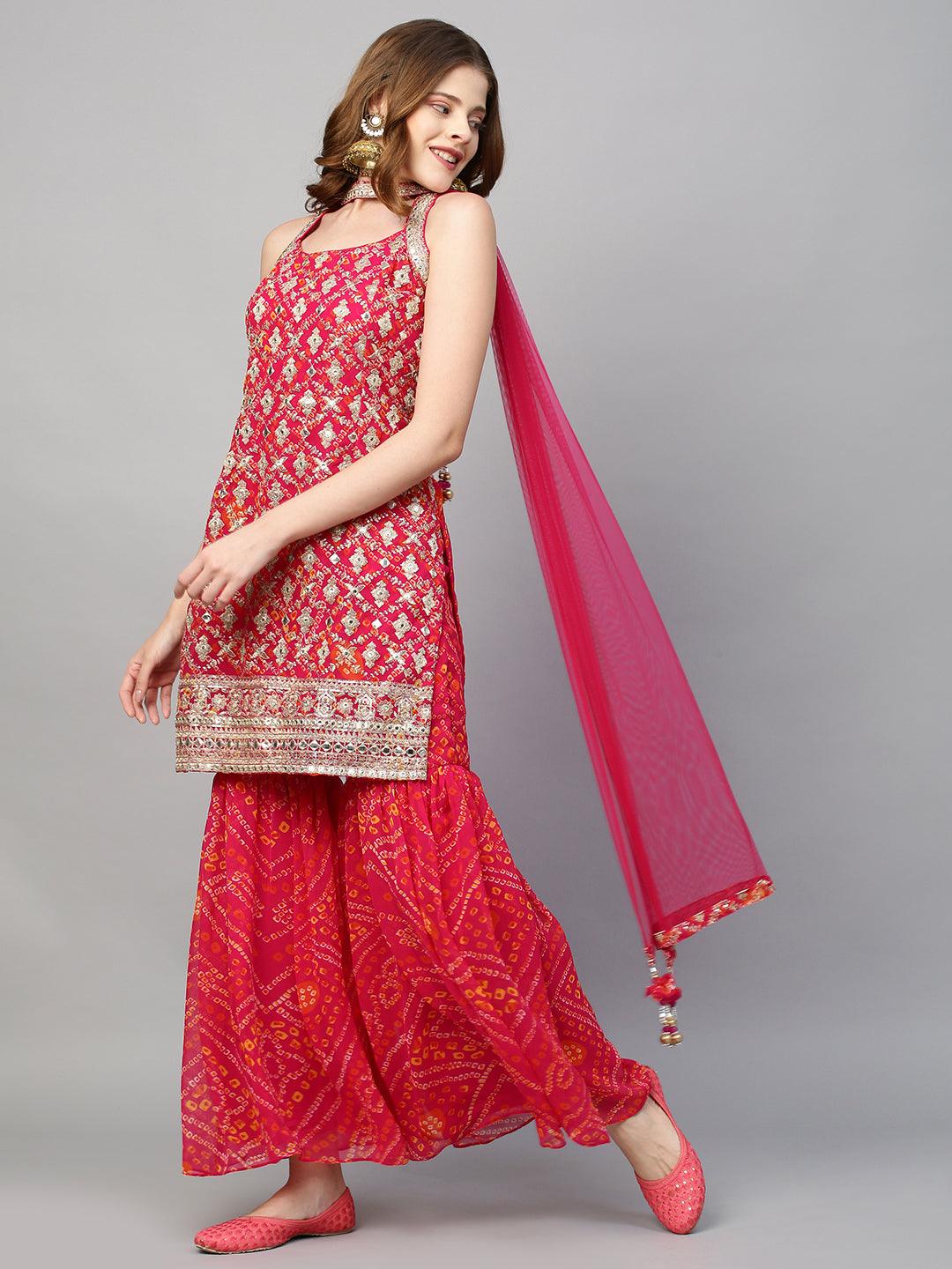 Zari Embroidered & Bandhani Printed Kurta with Sharara & Dupatta - Hot Pink - Indiakreations