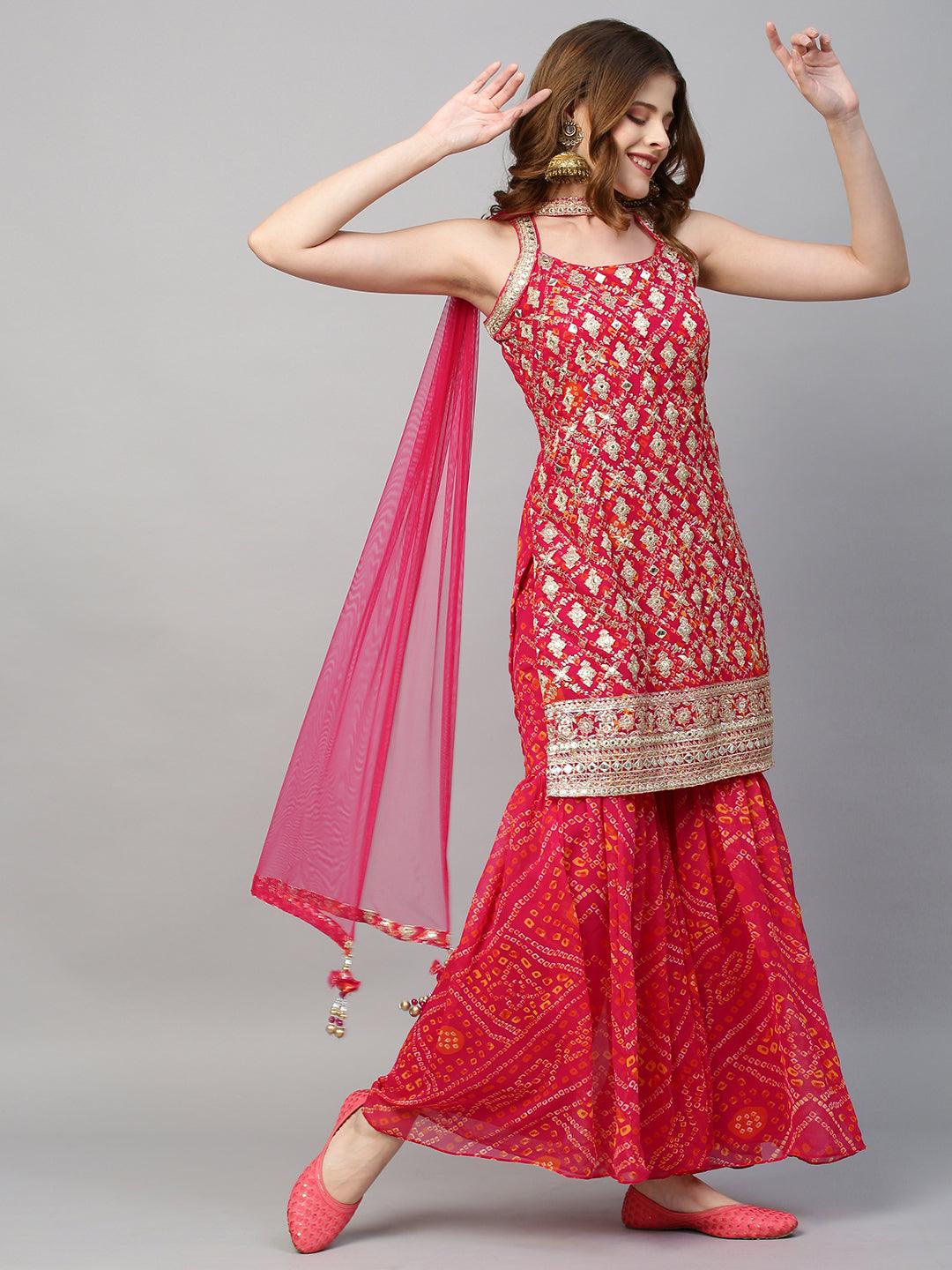 Zari Embroidered & Bandhani Printed Kurta with Sharara & Dupatta - Hot Pink - Indiakreations