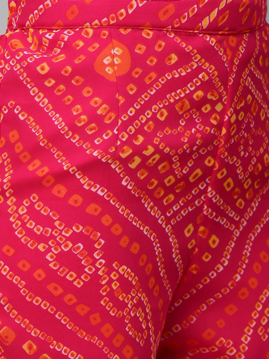 Zari Embroidered & Bandhani Printed Kurta with Sharara & Dupatta - Hot Pink - Indiakreations