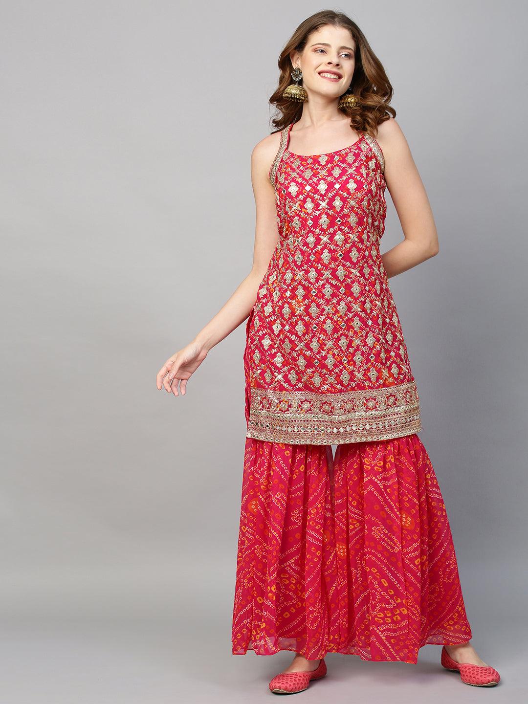 Zari Embroidered & Bandhani Printed Kurta with Sharara & Dupatta - Hot Pink - Indiakreations