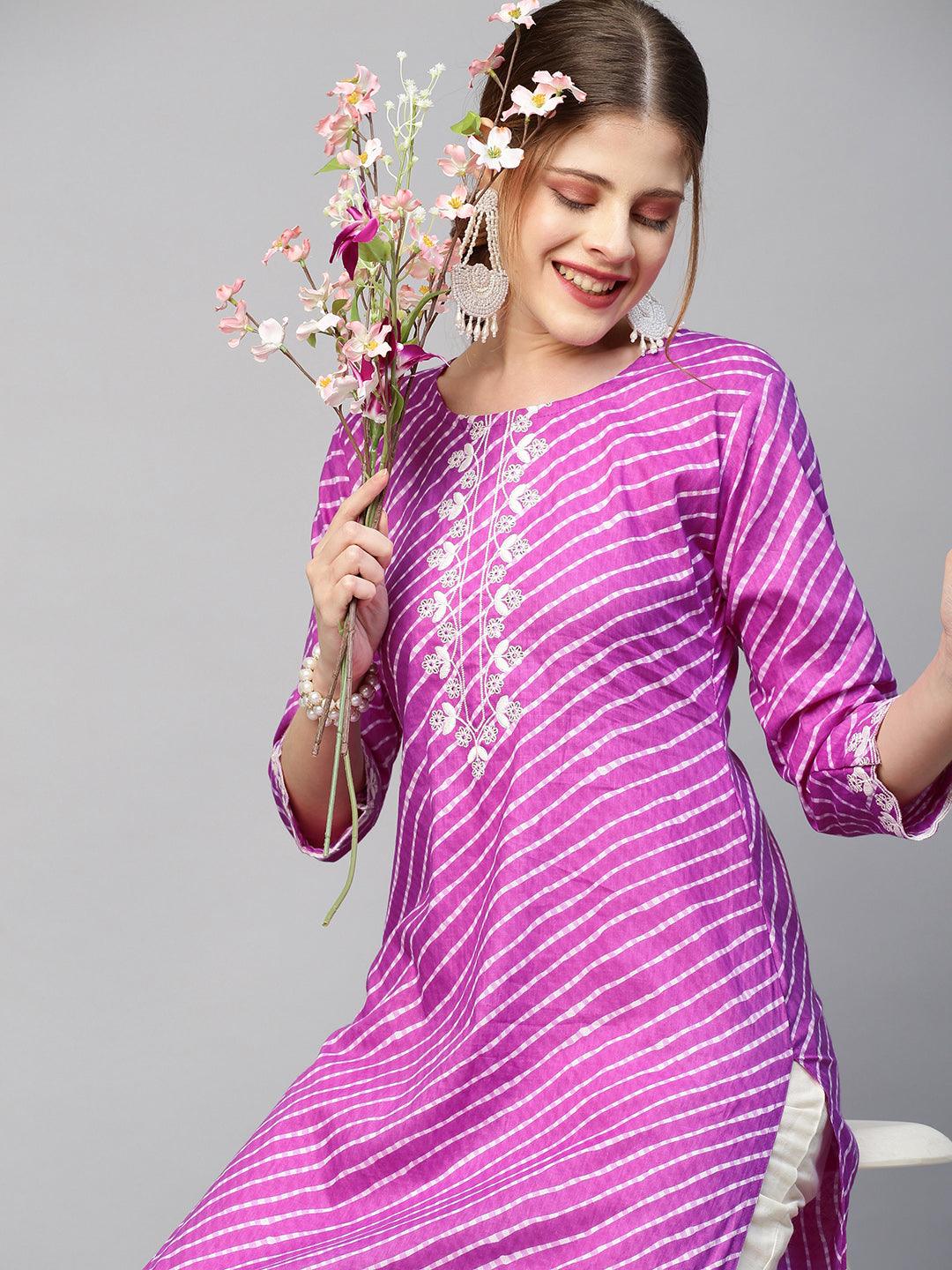 Leheriya Printed & Floral Embroidered Straight Fit Kurta - Purple - Indiakreations