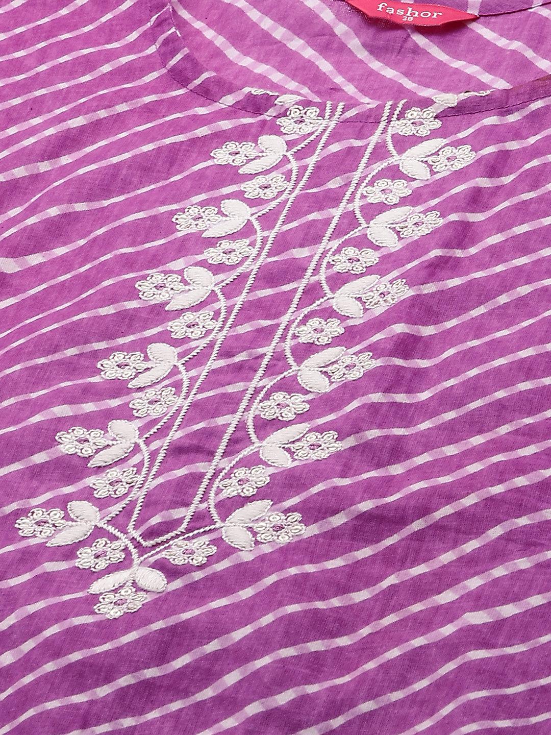 Leheriya Printed & Floral Embroidered Straight Fit Kurta - Purple - Indiakreations