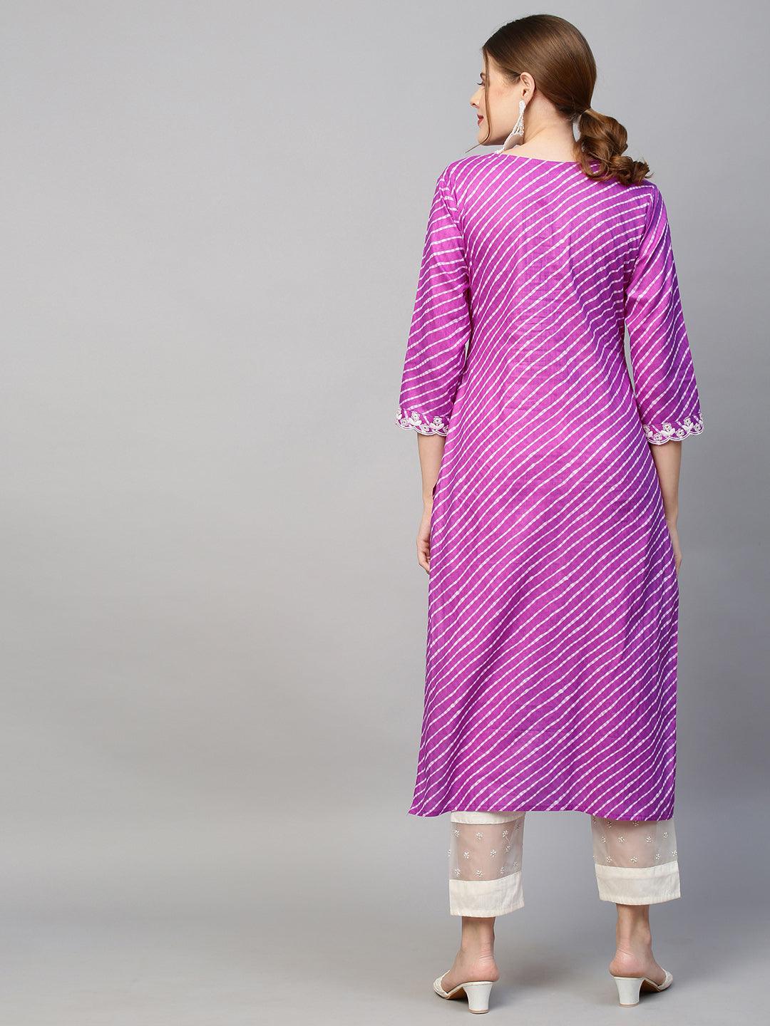 Leheriya Printed & Floral Embroidered Straight Fit Kurta - Purple - Indiakreations