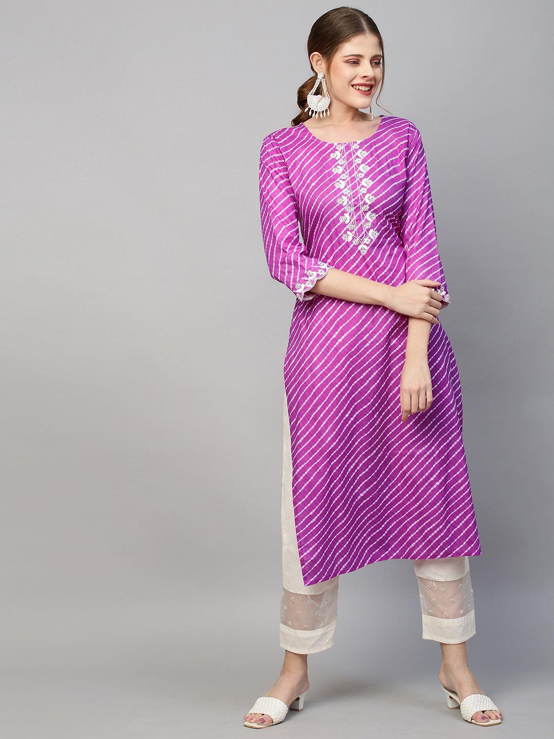 Leheriya Printed & Floral Embroidered Straight Fit Kurta - Purple - Indiakreations