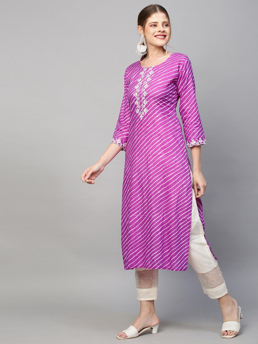 Leheriya Printed & Floral Embroidered Straight Fit Kurta - Purple - Indiakreations