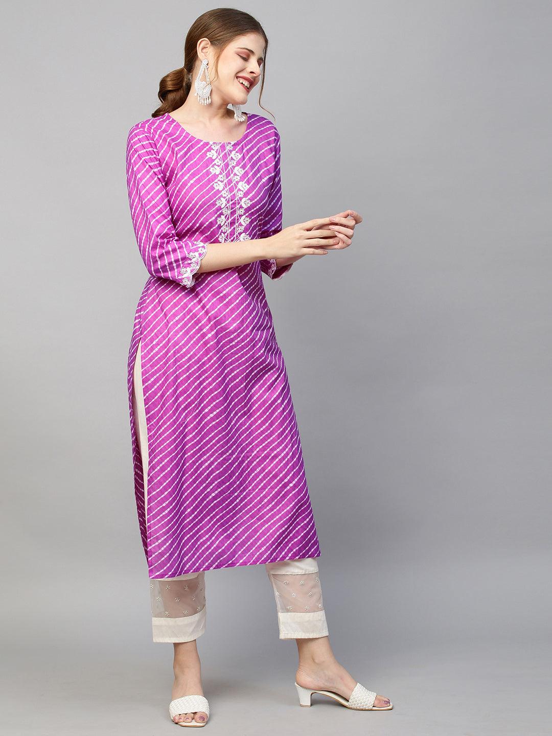 Leheriya Printed & Floral Embroidered Straight Fit Kurta - Purple - Indiakreations