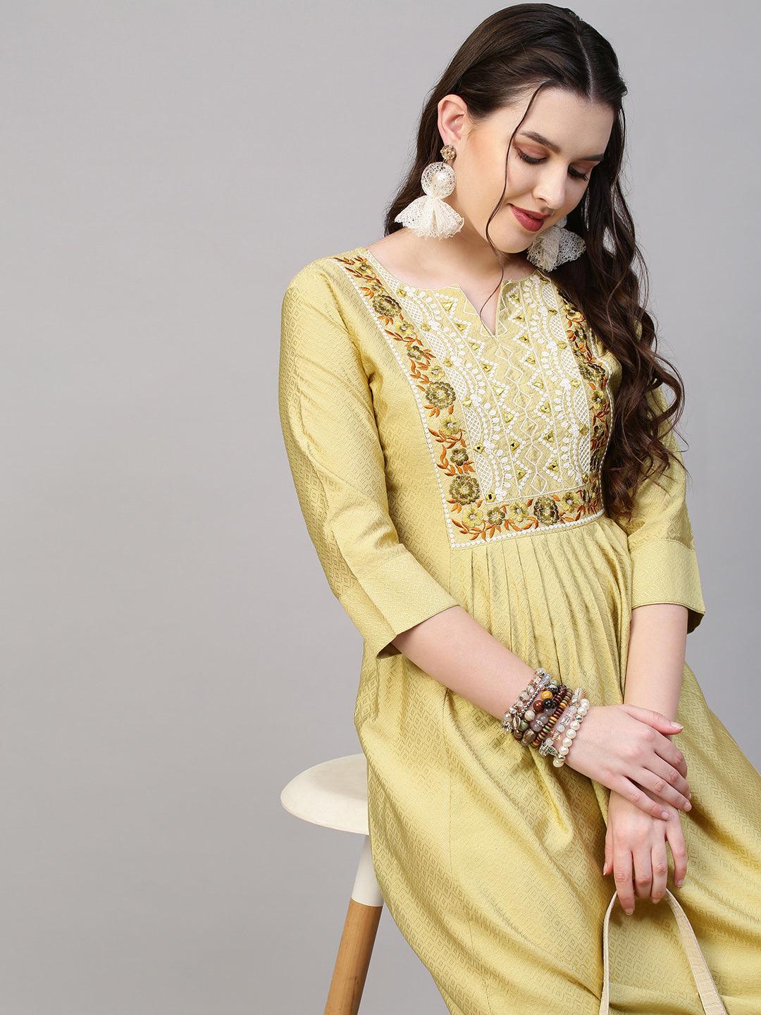 Floral & Mirror Embroidered A-Line Flared Kurta - Light Pear Green - Indiakreations