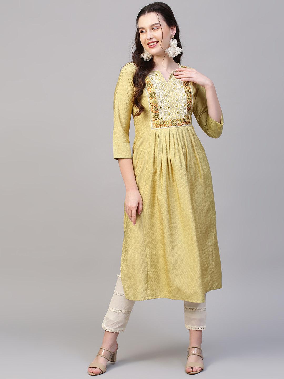 Floral & Mirror Embroidered A-Line Flared Kurta - Light Pear Green - Indiakreations