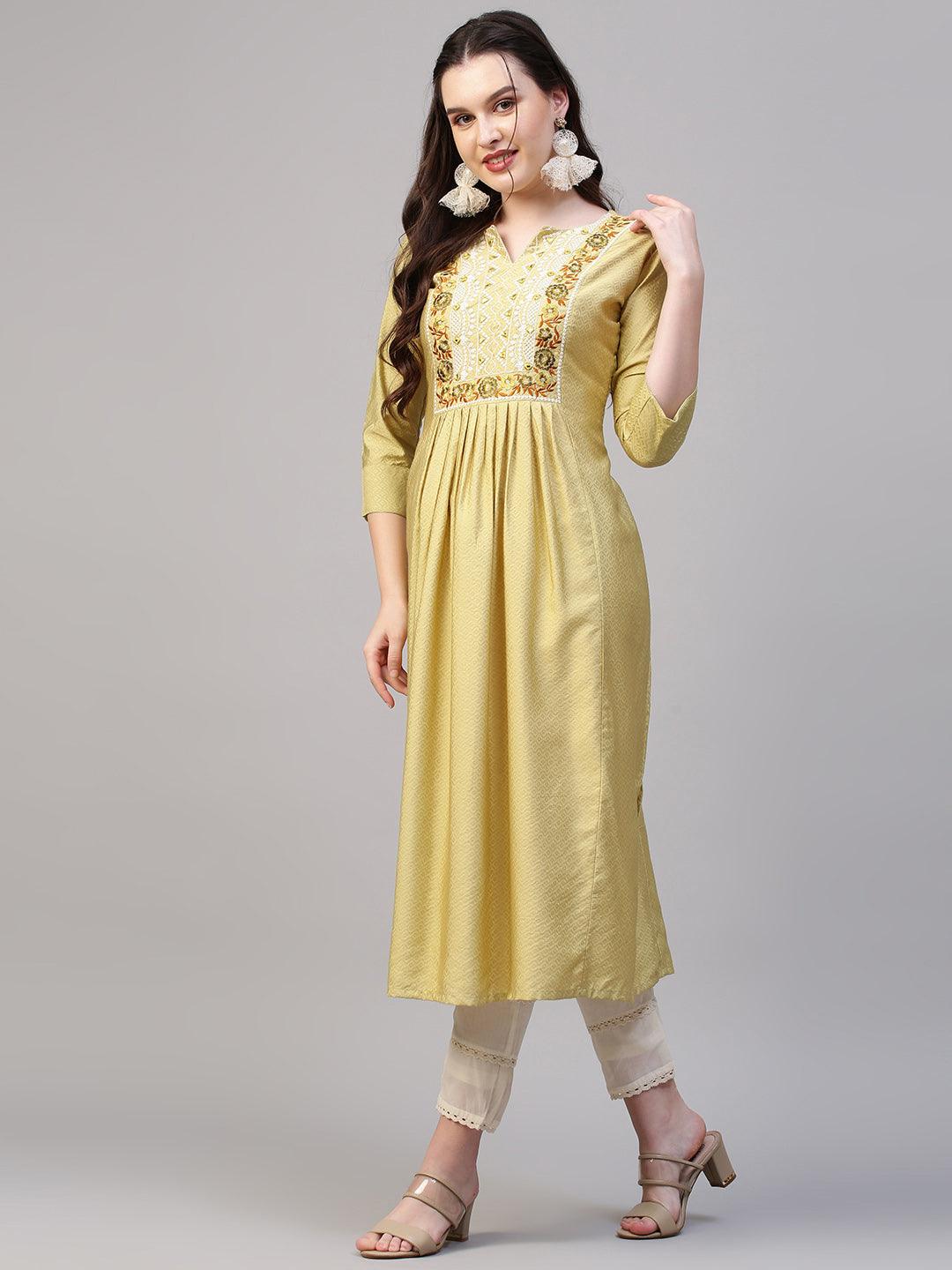 Floral & Mirror Embroidered A-Line Flared Kurta - Light Pear Green - Indiakreations