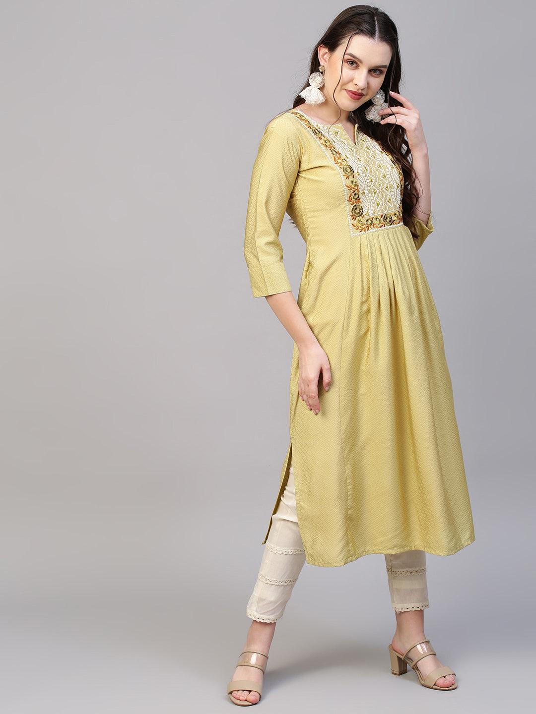 Floral & Mirror Embroidered A-Line Flared Kurta - Light Pear Green - Indiakreations