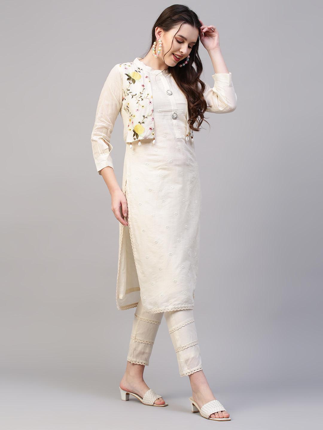 Floral Embroidered Straight Fit Kurta with Pants - Off White - Indiakreations