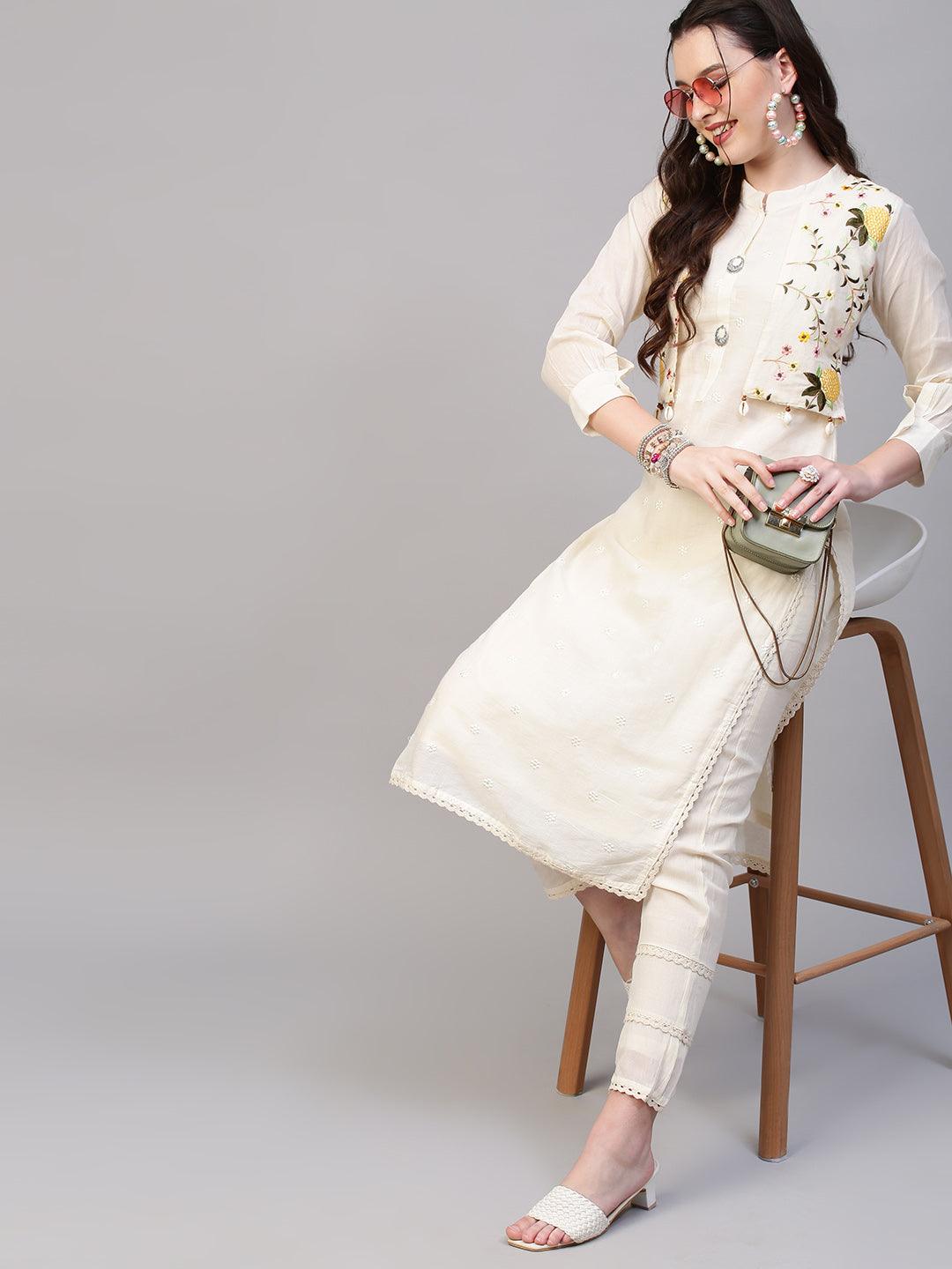 Floral Embroidered Straight Fit Kurta with Pants - Off White - Indiakreations