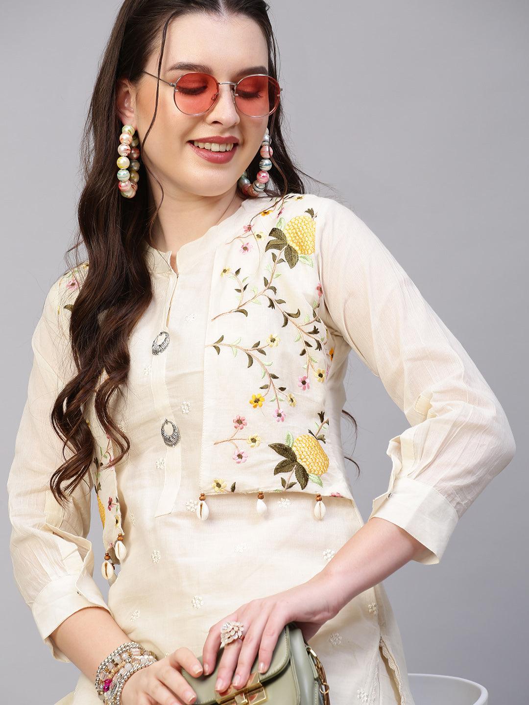 Floral Embroidered Straight Fit Kurta with Pants - Off White - Indiakreations